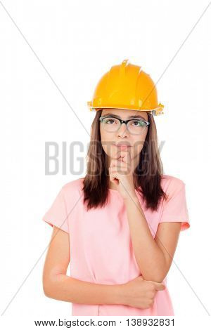 Preteen with construction helmet isolated on white background