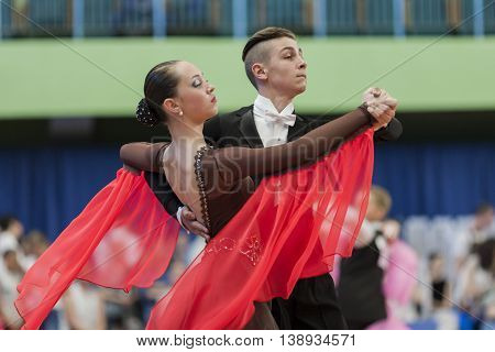 Minsk Belarus -May 28 2016: Mironchik Vladislav and Ermakova Olga Perform Youth-2 Standard Program on National Championship of the Republic of Belarus in May 28 2016 in Minsk Belarus