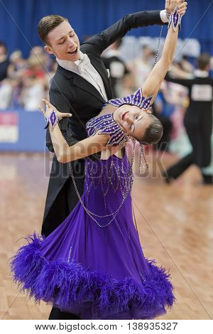 Minsk Belarus -May 28 2016: Kruk Timofey and Konopleva Diana Perform Youth-2 Standard Program on National Championship of the Republic of Belarus in May 28 2016 in Minsk Belarus