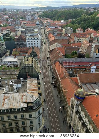 ZAGREB, CROATIA - APRIL 26th, 2016: View of Zagreb's Lower Town and Ilica stret which is one of the longest streets in Zagreb and considered to be the most expensive residential street in the city. 