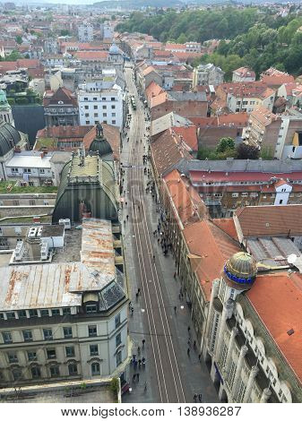 ZAGREB, CROATIA - APRIL 26th, 2016: View of Zagreb's Lower Town and Ilica stret which is one of the longest streets in Zagreb and considered to be the most expensive residential street in the city. 