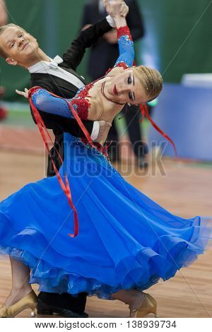 Minsk Belarus -May 28 2016: Prohorenko Dmitry and Rymchenok Valeriya Perform Youth-2 Standard Program on National Championship of the Republic of Belarus in May 28 2016 in Minsk Belarus
