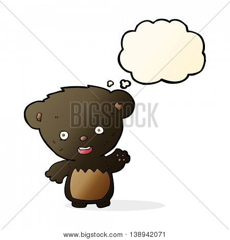 cartoon black bearcub waving with thought bubble