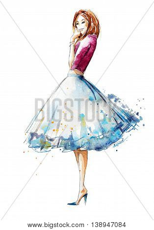 watercolor illustration, fashion sketch of young woman, hand drawn