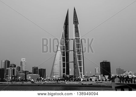 MANAMA, BAHRAIN - MAY 14, 2016: View of the World Trade Center and other high rise buildings in the city - Black and White Image
