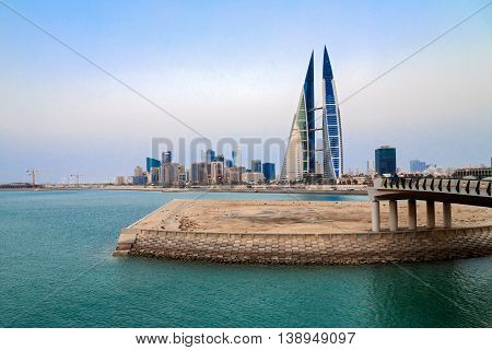 MANAMA, BAHRAIN - MAY 14, 2016: View of the Seafront with the World Trade Center and other high rise buildings in the city.