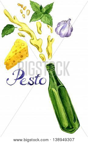 watercolor drawing pesto ingredient, preparing mediterranean sauce, garlic, olive oil, cheese and basil leaves, hand drawn illustration