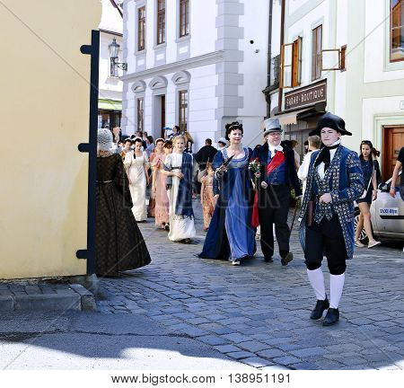 CESKY KRUMLOV, CZECH REPUBLIC - JUNE 18, 2016: Five-petalled Rose Festival on bystreet in Cesky Krumlov
