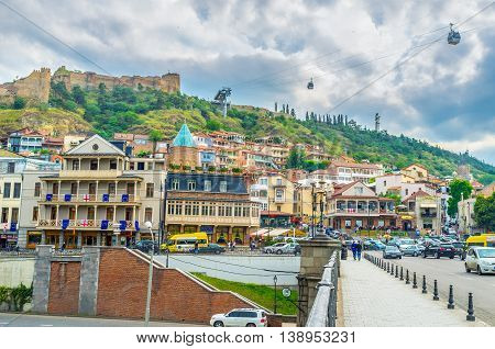 TBILISI GEORGIA - MAY 28 2016: The grey clouds over Vakhtang Gorgasali Square and Sololaki hill on May 28 in Tbilisi.