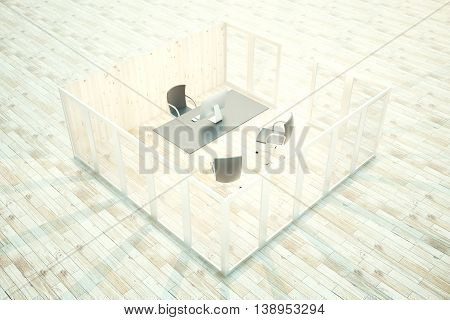 Closeup of desktop with computer monitor in office interior. 3D Rendering
