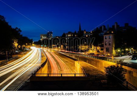 Long Exposure Of Traffic Along Storrow Drive At Night, In Beacon Hill, Boston, Massachusetts.