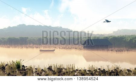 Morning nature misty scene: sky water trees sun at sunrise visible through the fog and lonely fishing boat reflected on the water surface