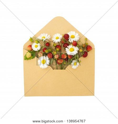 strawberries and chamomile envelope isolated on white background