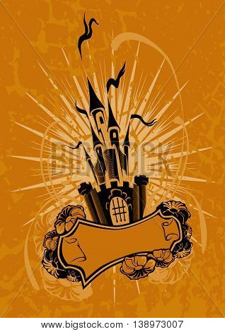 Ancient castle, grunge background and floral elements, vector illustration