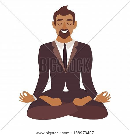 Businessman meditating.Concept of calm businessAfrican-american man work at office.Businessman in yoga poselotus position. Business relax. Cartoon style vector illustration isolatedwhite background