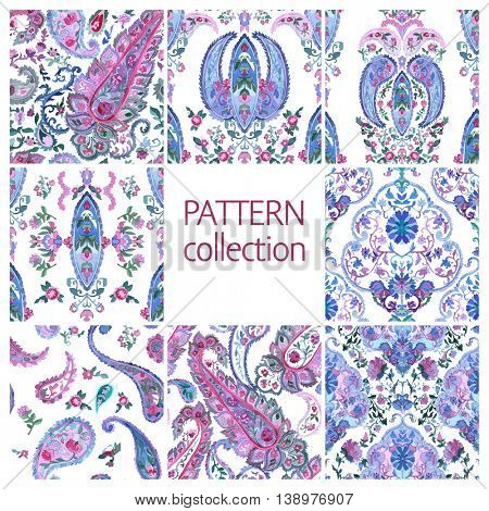 Paisley Indian or turkish persian seamless pattern set. Watercolor style. Handdrawn eastern ornament collection. Vector Illustration.