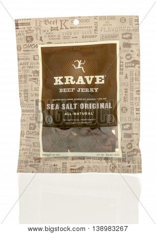 Winneconnie WI - 18 July 2016: Krave beef jerky in sea salt flavor on an isolated background.