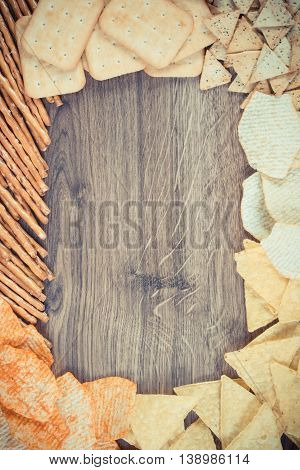 Vintage Photo, Frame Of Breadsticks, Cookies And Crisps, Unhealthy Food, Copy Space For Text