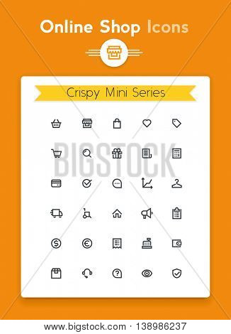 Vector line online web shop and retail tiny icon set. Minimalistic crisp contour icons for the best recognition in small size use