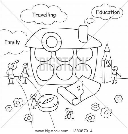 Family stories: travelling and education. Linear black and white.