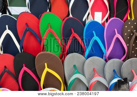 Colored Flipflops. Outdoor Multicolored Footwear For Summer