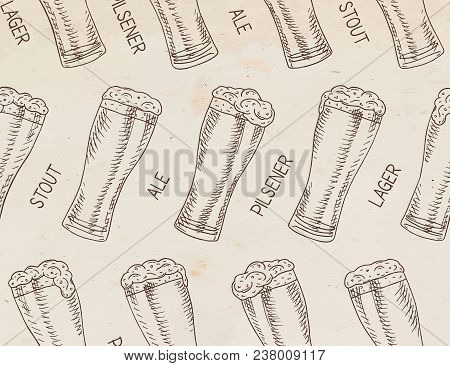 Beer Featured Seamless Pattern. Beautiful Illustration Of Stout, Ale, Light And Lager Beer