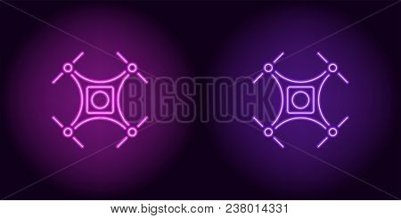 Neon Drone In Purple And Violet Color. Vector Illustration Of Drone Consisting Of Neon Outlines, Wit