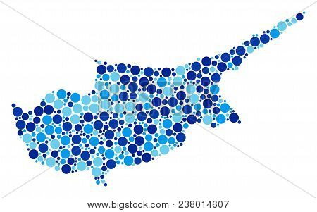 Cyprus Island Map Mosaic Of Filled Circles In Variable Sizes And Blue Color Tones. Randomized Filled