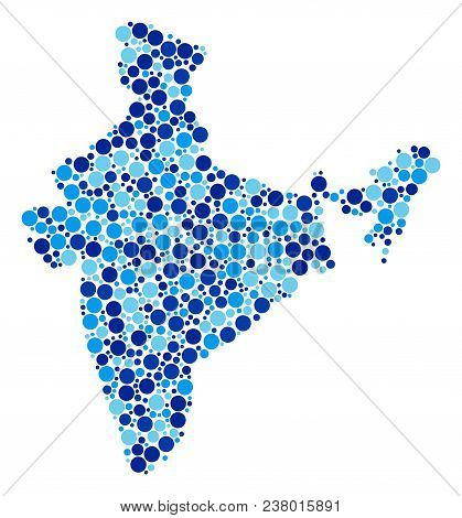 India Map Collage Of Round Dots In Different Sizes And Blue Color Tinges. Scattered Round Spots Are 