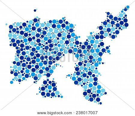Limnos Greek Island Map Mosaic Of Dots In Different Sizes And Blue Color Tones. Randomized Round Dot
