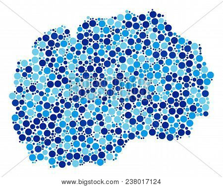 Makedonia Map Mosaic Of Round Dots In Various Sizes And Blue Color Tones. Randomized Circle Elements