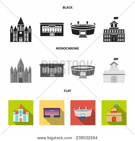 House Of Government, Stadium, Cafe, Church.building Set Collection Icons In Black, Flat, Monochrome 