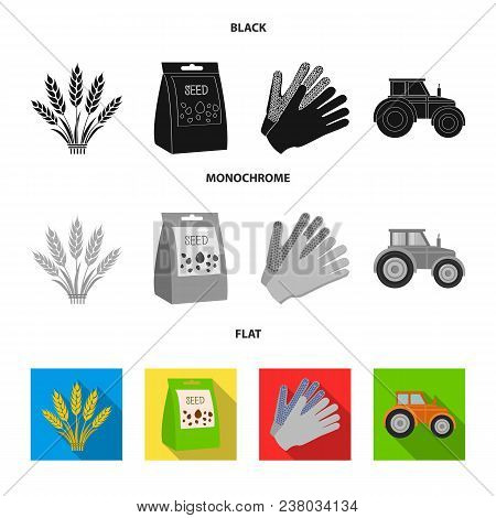 Spikelets Of Wheat, A Packet Of Seeds, A Tractor, Gloves.farm Set Collection Icons In Black, Flat, M