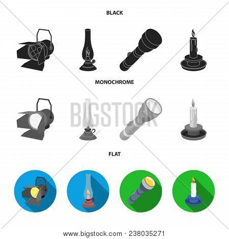 Searchlight, Kerosene Lamp, Candle, Flashlight.light Source Set Collection Icons In Black, Flat, Mon