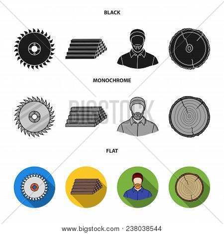 Circular Saw, A Working Carpenter, A Stack Of Logs. A Sawmill And Timber Set Collection Icons In Bla