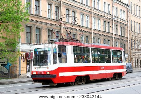 Saint Petersburg, Russia - May 26, 2013: Old Tramway Lm-99k In The City Street.