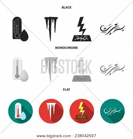 Humidity, Icicles, Thunderbolt, Windy Weather. Weather Set Collection Icons In Black, Flat, Monochro