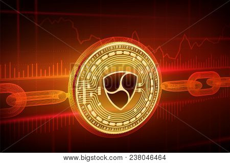 Crypto Currency. Block Chain. Nem. 3d Isometric Physical Golden Nem Coin With Wireframe Chain. Block
