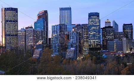 The Calgary, Canada Skyline Viewed At Twilight