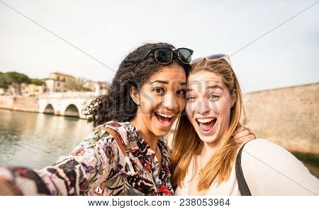 Happy Multiracial Girlfriends Taking Selfie And Having Fun Outddors - Friendship Concept With Girls 