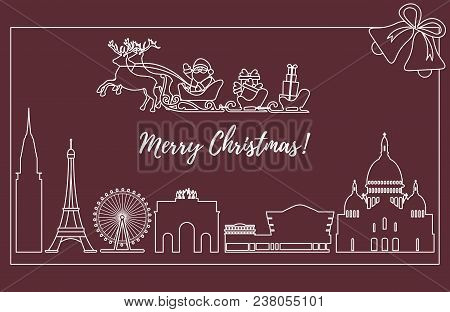 Santa Claus With Christmas Presents In Sleigh With Reindeers Over Famous Buildings And Constructions