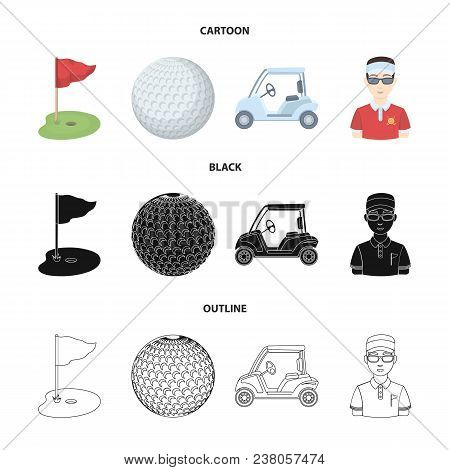 Field With A Hole And A Flag, A Golf Ball, A Golfer, An Electric Golf Cart.golf Club Set Collection 