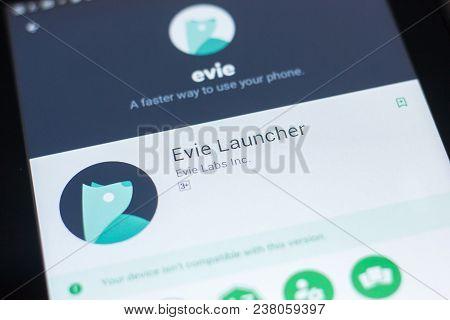 Ryazan, Russia - April 19, 2018 - Evie Launcher Mobile App On The Display Of Tablet Pc