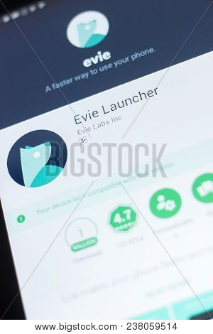 Ryazan, Russia - April 19, 2018 - Evie Launcher Mobile App On The Display Of Tablet Pc