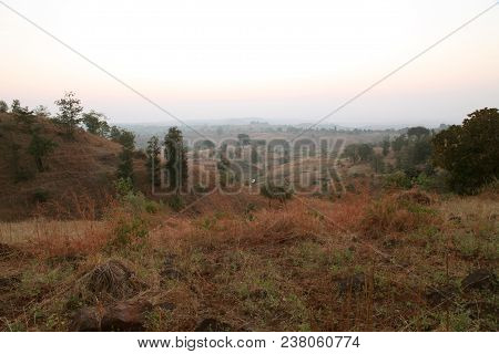 Foggy Mountain Valley At Sunrise In The Village In Nasik, Maharashtra, India