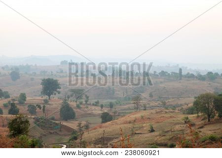 Foggy Mountain Valley At Sunrise In The Village In Nasik, Maharashtra, India