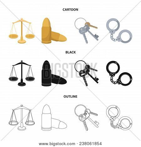 Scales Of Justice, Cartridges, A Bunch Of Keys, Handcuffs.prison Set Collection Icons In Cartoon, Bl