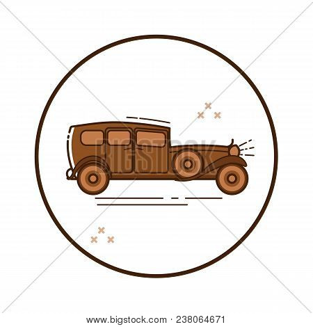 Line Art Retro Car Icon In Circle. Vector Illustration.