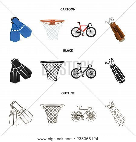 Flippers For Swimming, Basketball Basket, Net, Racing Holograph, Golf Bag. Sport Set Collection Icon
