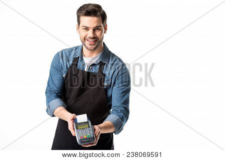 Portrait Of Smiling Waiter In Apron With Cardkey Reader Isolated On White